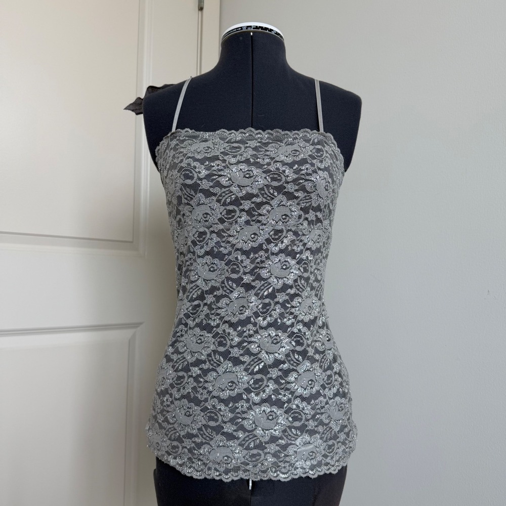 Vintage Y2K New York and Company Silver Metallic Lace Camisole Size Small